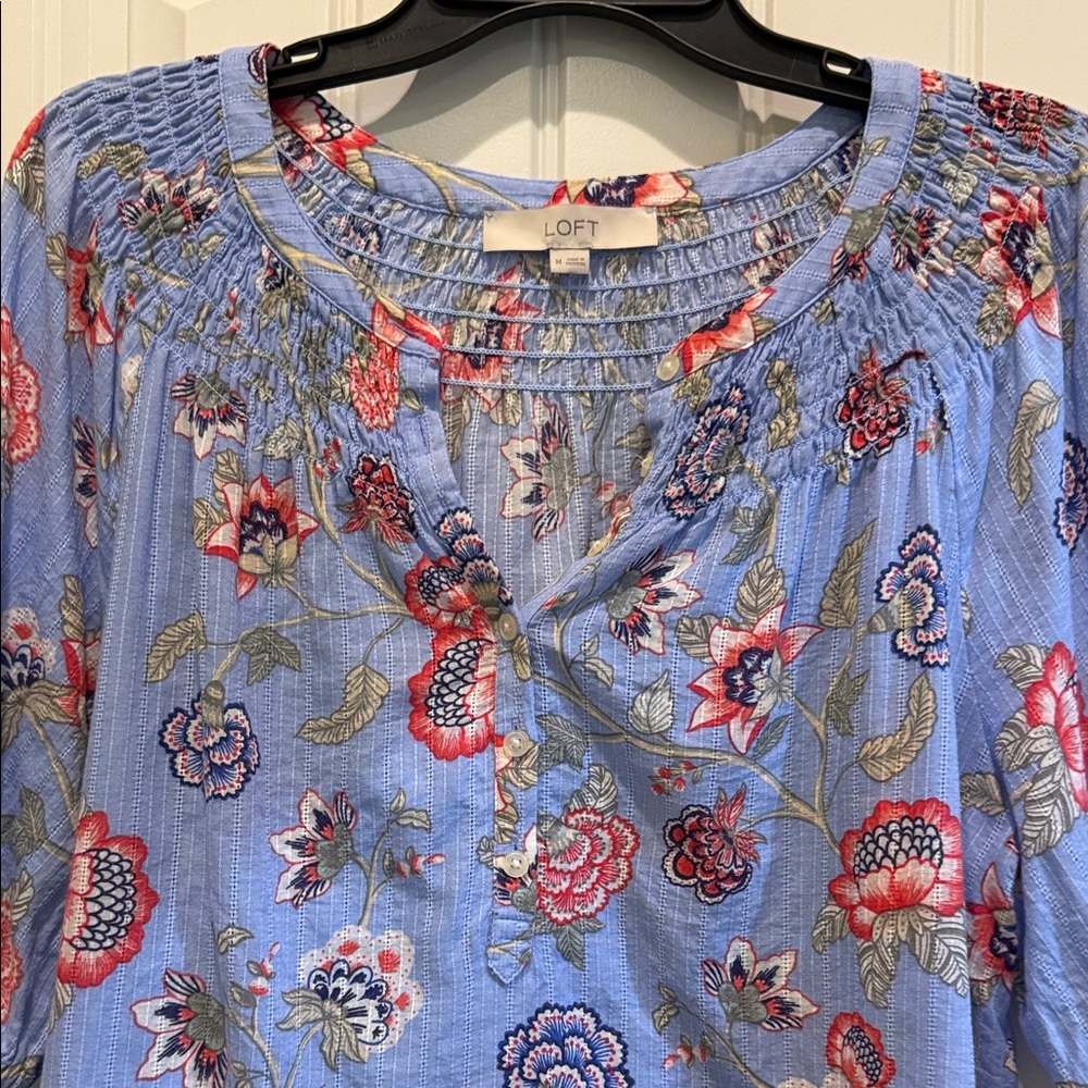 LOFT Blue Floral Blouse with Red Accents